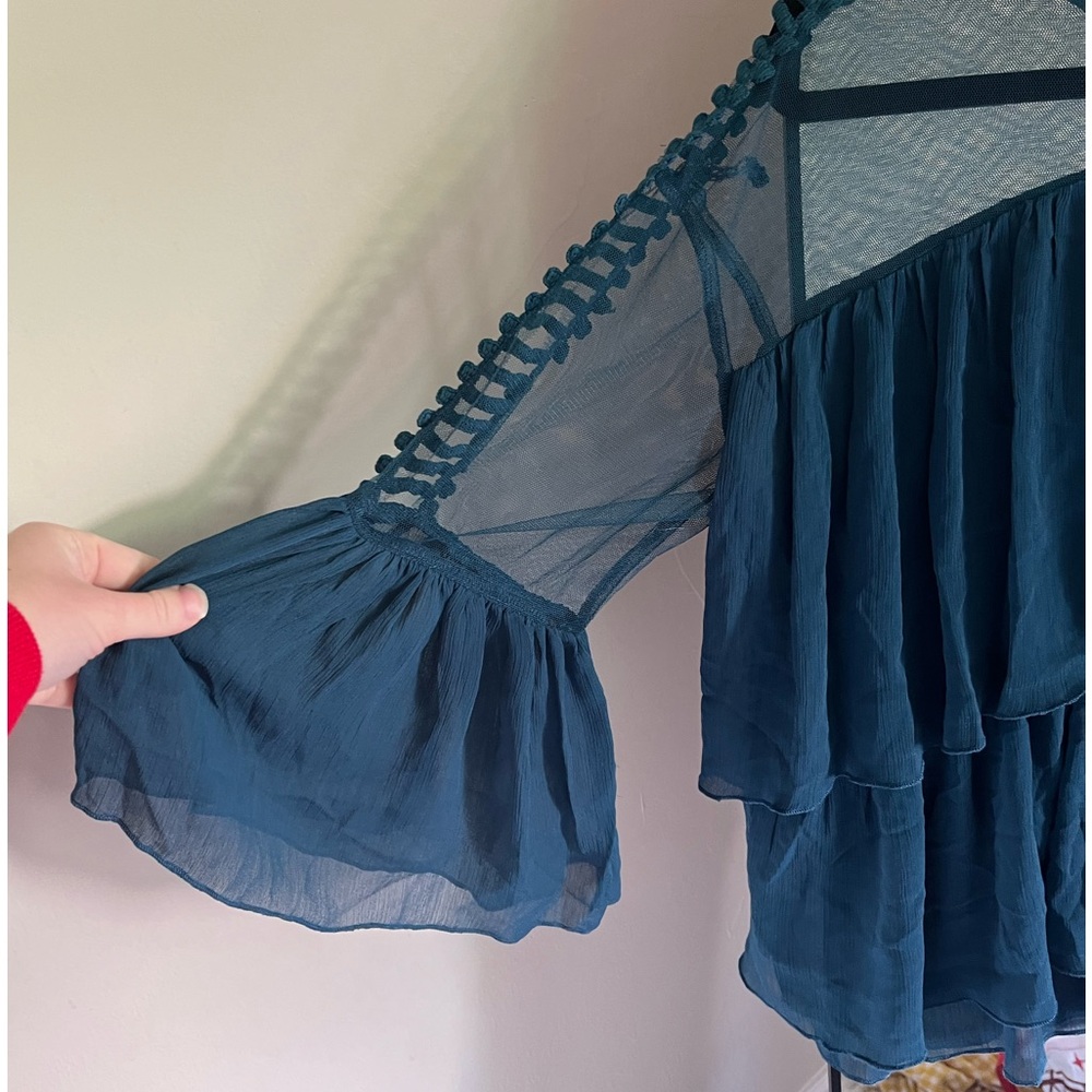 Ina Teal Ruffled Sheer Yoke Blouse - Picture 3 of 7